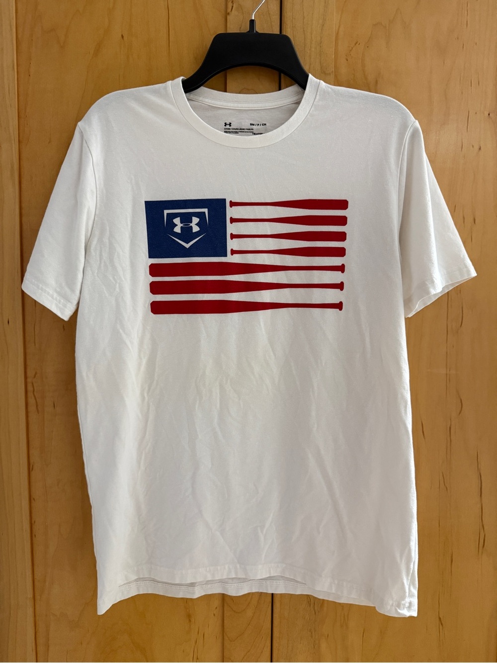 Under Armour White Short-Sleeve Tee with Red and Blue Baseball Flag Graphic